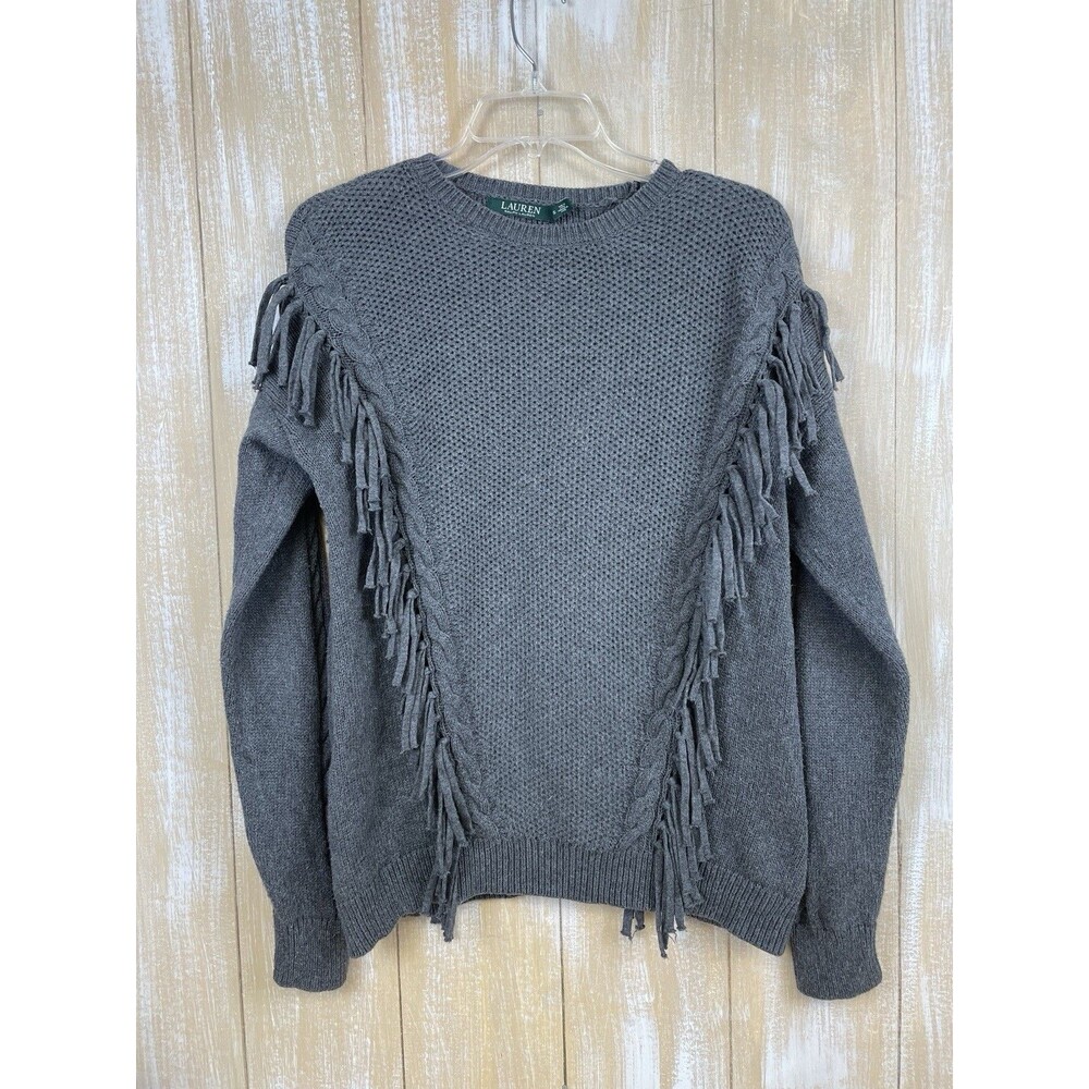 RALPH LAUREN Women's S Gray 100% Cotton fringe Sweater Preppy Western